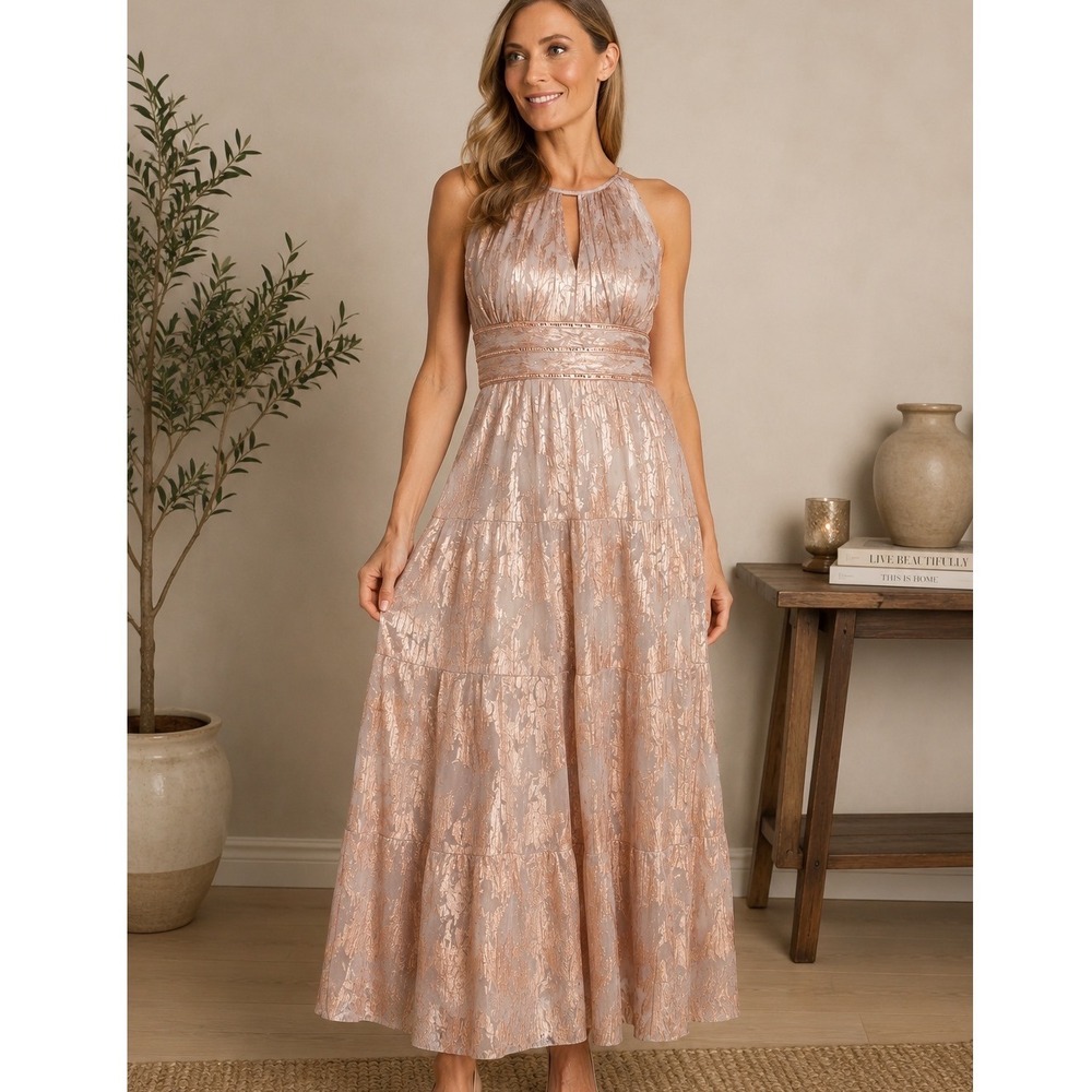 NEW R&M Richards Rose Gold Cream Crinkle Metallic‎ Halter Maxi Dress Sz 18